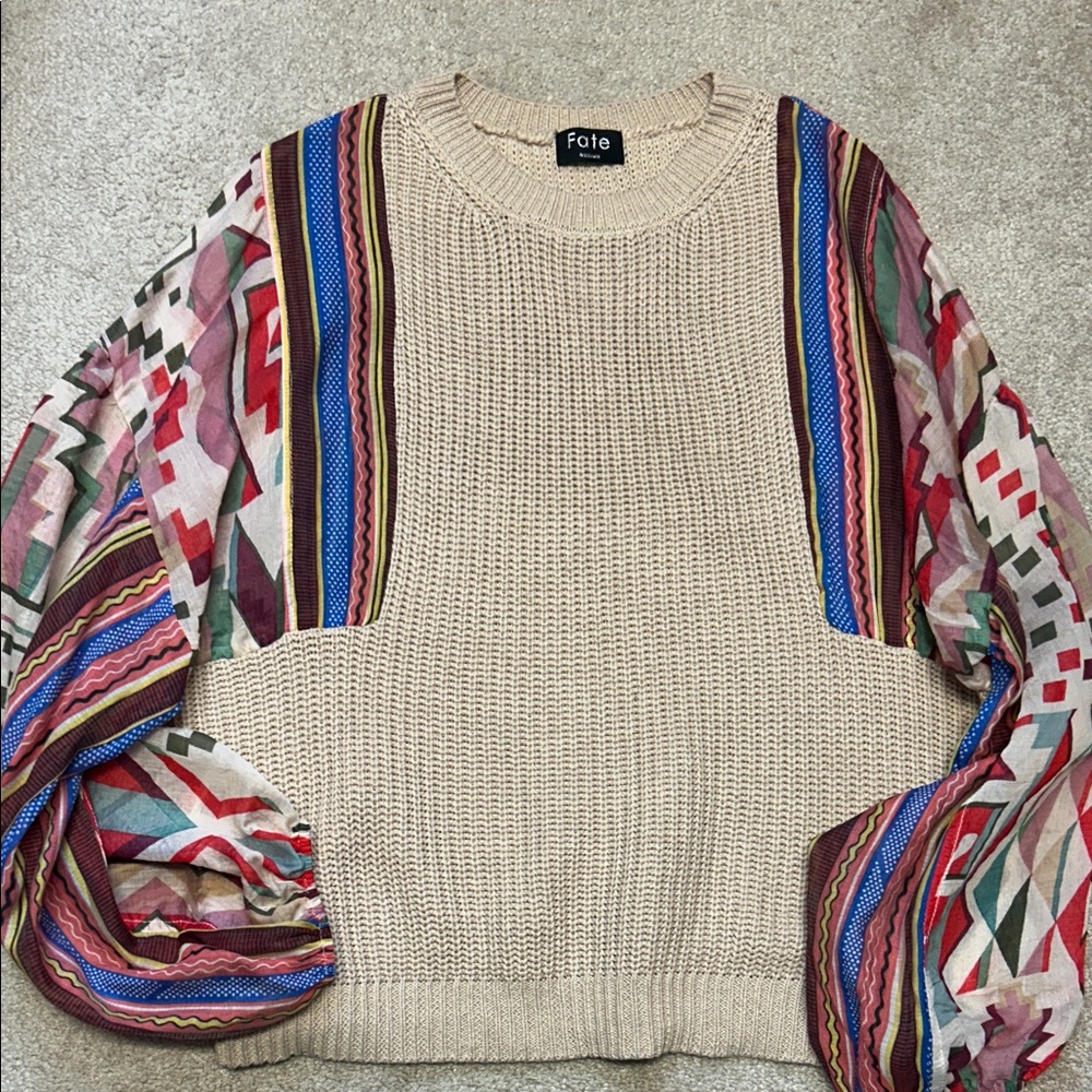 Fate Knit Sweater with Colorful Patterned Sleeves